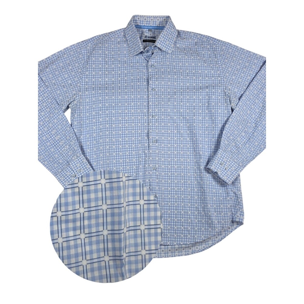Visconti Dress Shirt 2 Ply Mercerized Cotton Grid Check Blue White Mens L Office